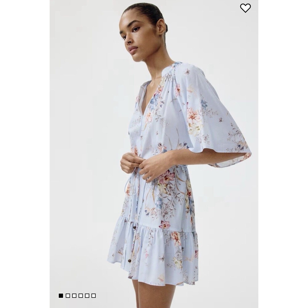 H&M TIE-BELT SHIRT DRESS Mini Large Floral Cottagecore Whimsical Romantic